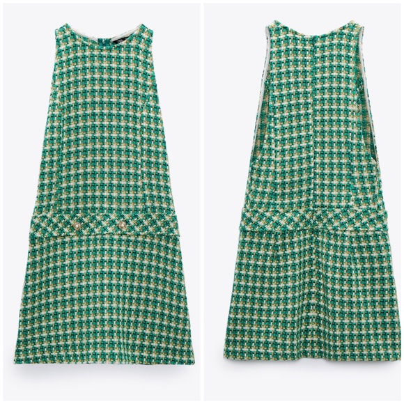 ZARA WOMAN NEW HOUNDSTOOTH TEXTURED PINAFORE DRESS GREEN SIZE XS EXTRA SMALL NWT - Picture 9 of 9